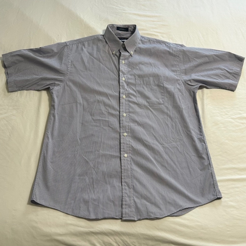 Overton Mens Blue White Gingham Check Short Sleeve Button Down Shirt Large